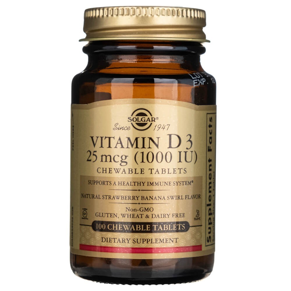 Solgar vitaminas D3 25 mcg (1000 TV) - 100 kramtomųjų tablečių