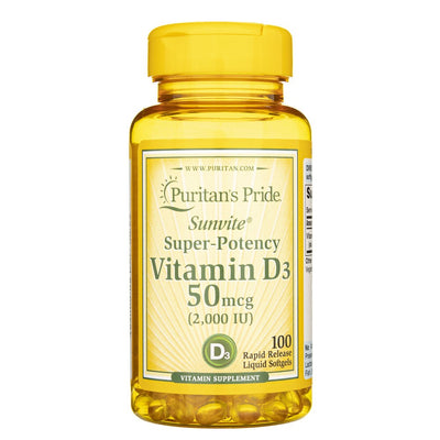 Puritan's Pride Vitaminas D3 50 mcg (2000 TV) – 100 kapsulių