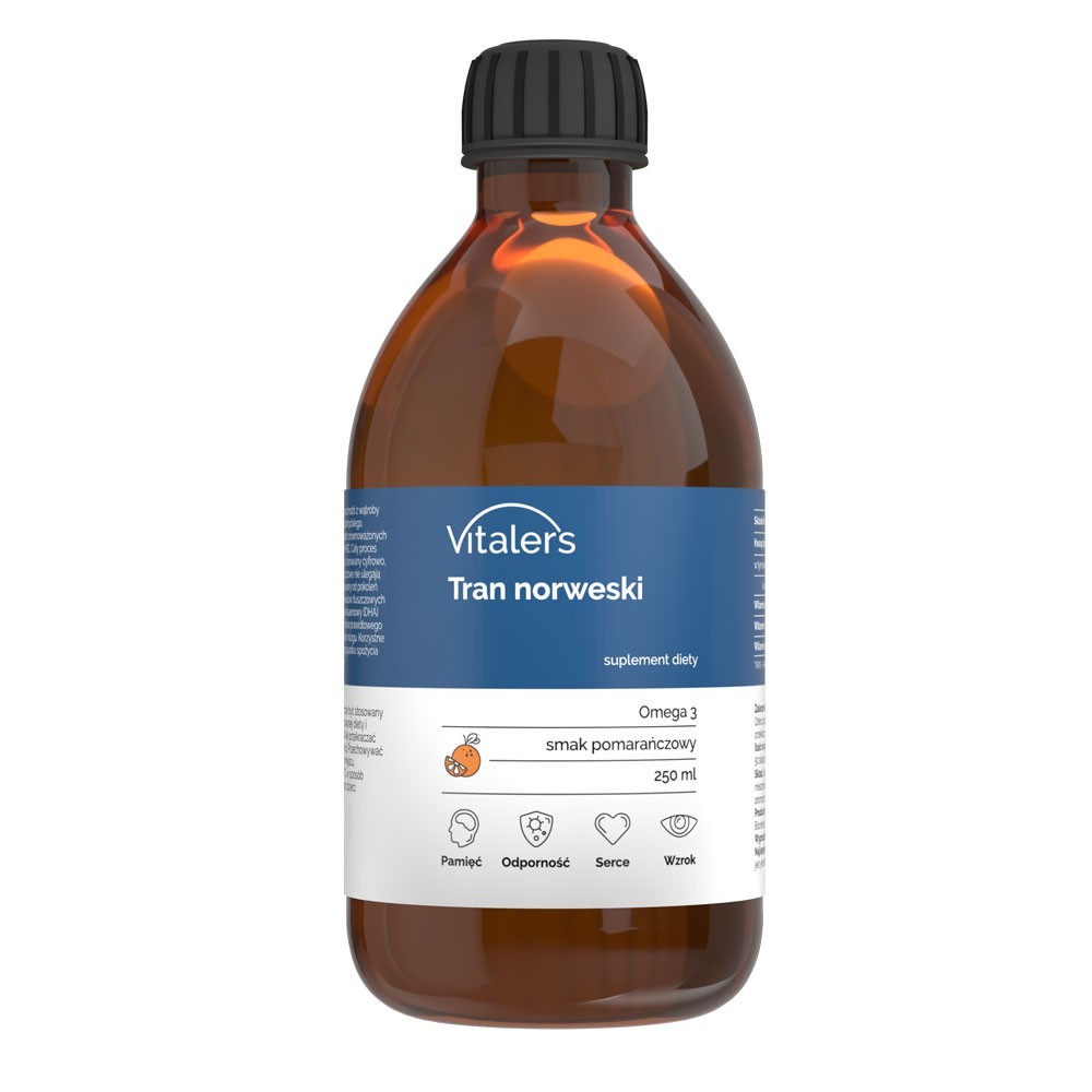 Vitaler's Omega-3 Norvegijos menkių kepenų aliejus, apelsinų skonis 1200 mg - 250 ml