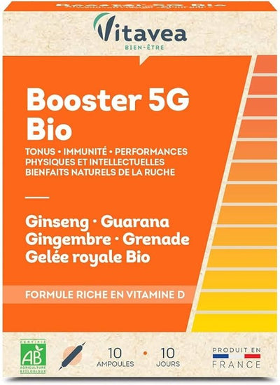 VITAVEA BOOSTER 5G, ženšenis, imbieras, kofeinas energijai ir ištvermingumui, 10 ampulių kaina